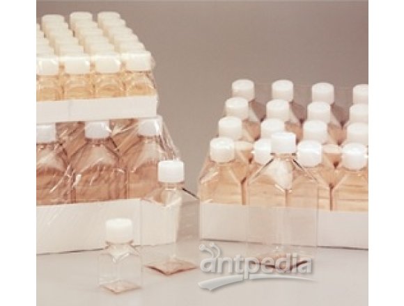 未灭菌，PETG 方形有刻度培养基瓶，带盖，聚对苯二酸乙二醇酯共聚物，天然高密度聚乙烯盖，60毫升容量，每箱20