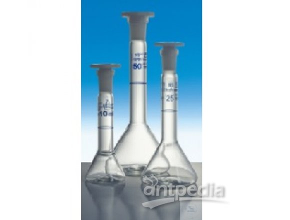 VOLUMETRIC FLASKS, TRAPEZOIDAL, WITH ST-PE-STOPPER,   DIN-A, CONF. CERT., 2 ML, ST 7/16, DIFFICO BLUE